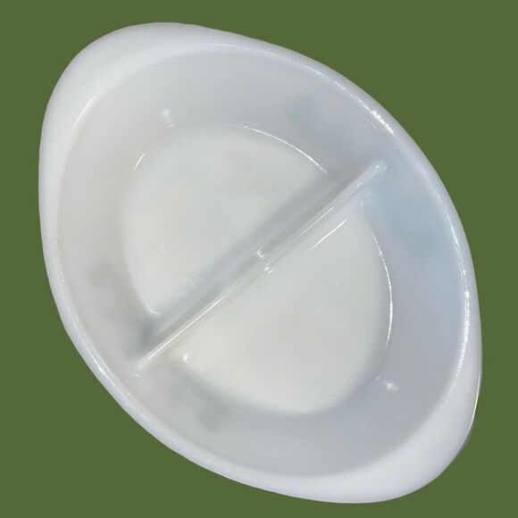 Vintage Jeannette Milk Glass Daisy Days Glasbake Divided Casserole Dish Oval - Picture 2 of 5